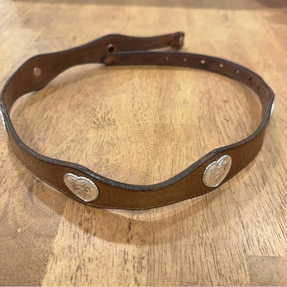 Brown Leather Belt Western Concho Silver Heart Accents Ranch Rodeo Cowgirl